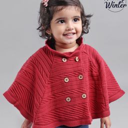 Babyoye Cotton Solid Woollen Poncho - Red-image-65