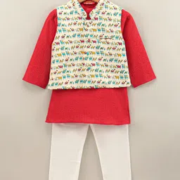 Exclusive from Jaipur Cotton Woven Full Sleeves Kurta & Pajama Set Camel Print - White Maroon-picture-31