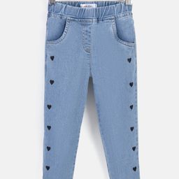 Kookie Kids Cotton Lycra Full Length Jeans with Heart Glitter Print - Blue-image-31