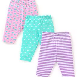 Babyhug Cotton Three Fourth Length Leggings Stripes & Heart Print Pack of 3- Pink & Blue-image-82