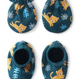 Babyhug 100% Cotton Knit Mittens & Booties Set with Cheetah Print - Green-image-15