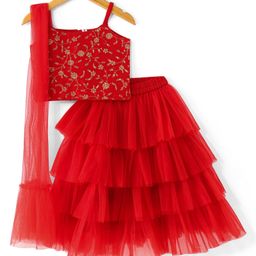 Babyhug Sleeveless Floral Embroidered Choli with Net Layered Lehenga and Dupatta Set - Red-picture-6