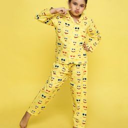 Knitting Doodles Pure Cotton Poplin Full Sleeves Emoji Face Printed Night Suit -  Yellow-image-35