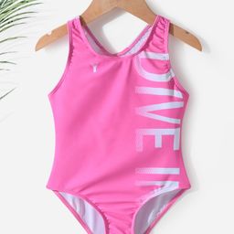Pine Active Sleeveless  V Cut Swimsuit with Text Print - Pink-image-89
