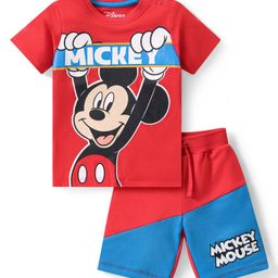 Babyhug Disney Single Jersey Knit Half Sleeve T-Shirt and Short Set with Mickey Mouse Graphics- Red & Blue-image-60