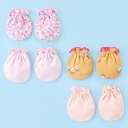 Ben Benny Interlock 100% Cotton Knit Floral Printed & Solid Color Mittens Pack of 4 - Pink & Yellow-11