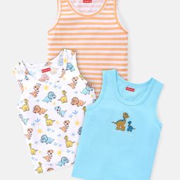 Babyhug 100% Cotton Single Jersey Knit Sleeveless Sandos with Stripes & Dino Print Pack of 3 - White Blue & Orange-image-66