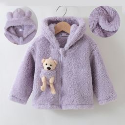 Kookie Kids Full Sleeves Front Open Hooded Fur Winter Jacket with Teddy Bear Applique - Lilac-image-99