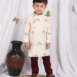 Polka Tots Cotton Full Sleeves Bicycle Printed Kurta Pyjama  - Off White-image-83