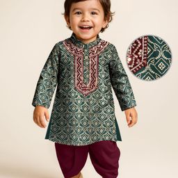 EARTHY TOUCH Single Jersey Knit Full Sleeves Kurta Dhoti Set with Foil Print & Sequinned Detailing - Green & Maroon-image-96