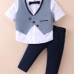 ToffyHouse 100% Cotton Woven Full Sleeves Printed 3 Piece Party Suit with Bow - White & Navy Blue-image-86