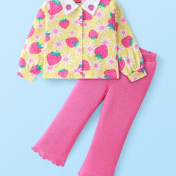 Babyhug Single Jersey Knit Full Sleeves Collared Top & Pant Set with Strawberry Print - Yellow & Pink-image-81