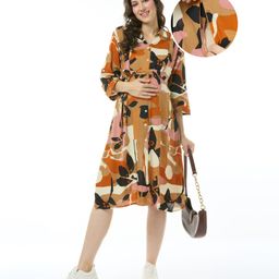 Bella Mama Woven Three Fourth Sleeves Floral Printed Maternity ShirtDress - Light Brown-image-99