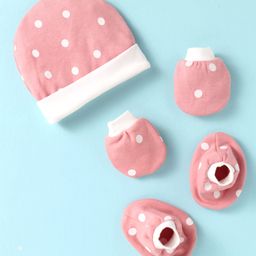 Ben Benny Interlock Knit Polka Dots Printed Cap Mittens & Booties Set Pink - Diameter 10.5cm-1