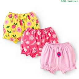 Babyoye Cotton Elastane Knit Bloomers With Floral Print Pack Of 3 - Yellow & Pink-image-78