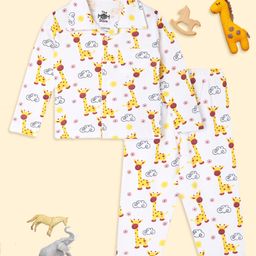 The Mom Store Cotton Knit Full Sleeves Floral & Giraffe Printed Coordinating Night Suit Set - White-image-81