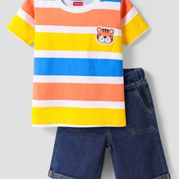 Babyhug Single Jersey Knit Half Sleeves T-Shirt & Denim Shorts Set with Tiger Patch & Stripes - Navy Blue & White-image-83