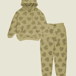 Kiddopanti Fleece Full Sleeves Hearts Printed Hooded Sweatshirt With Coordinating Track Pants Set - Light Brown-picture-28