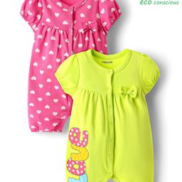 Babyoye 100% Cotton Interlock Knit Half Sleeves Rompers With Heart Print Pack Of 2 - Pink & Lime Green-image-94