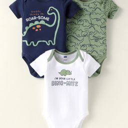 Simply Interlock Knit Half Sleeves Onesies with Dino Print Pack of 3 - White Navy Blue & Green-image-82