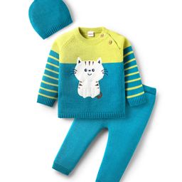 Babyhug Organic Cotton Knit Full Raglan Sleeves Sweater Set with Cap & Cat Patch Detailing - Teal Blue-image-24