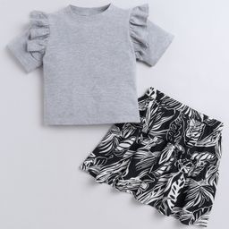 Aww Hunnie Cotton Jersey Half Sleeves Frill Detailed Top & Leaves Printed Skirt Set - Grey-image-88