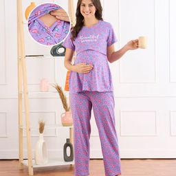 Bella Mama Cotton Knit Half Sleeves Floral Printed Night Suit - Lavender-image-71