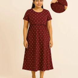 Putchi Cotton Knit Half Sleeves Floral Printed Maternity Dress With Two Layer Lift Nursing Access - Maroon-image-49