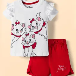 Babyhug Disney Single Jersey Knit Half Frill Sleeves T-Shirt with Shorts Set and Marie Graphic - Red & White-picture-6