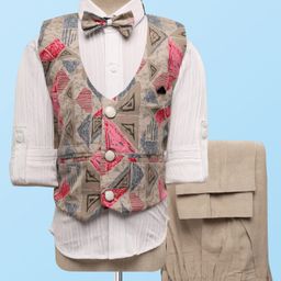 Radutu Full Sleeves Triangles Printed 3 Piece Party Suit Set With Bow Set - White & Beige-image-72