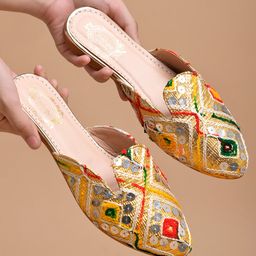Shoetopia Threadwork Embroidered Sequins Embellished Slip On Mules - Golden-image-0