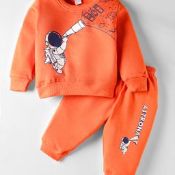 Tango Knit Full Sleeves Winter Wear Fleece Sweatshirt & Lounge Pant Set with Astronaut Print - Orange-picture-27