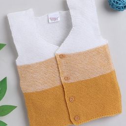 Little Angels Woollen Knitted Sleeveless Colour Blocked Cardigan - Mustard & White-0