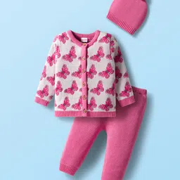 Babyhug Organic Cotton Knit Full Sleeves Front Open Sweater Set with Cap & Butterfly Design - Pink-picture-30