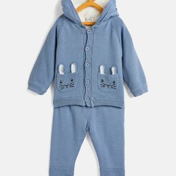 JWAAQ Cotton Knit Full Sleeves Cat Face Designed & Fur Detailed Sweater With Pant Set - Blue-picture-3