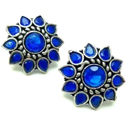 Yash Jewels Emporiums Silver-Plated Artificial Stones Studded Floral Shaped Oxidized Studs-image-32