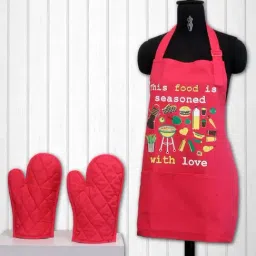 Swayam Pink Kitchen Apron with Oven Gloves - Set of 1-11