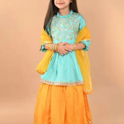 LilPicks Kids Blue & Yellow Embroidered Lehenga, Kurta With Dupatta-image-55