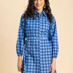 Moomaya Blue Cotton Checks Shirt Dress-image-38