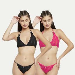 AROUSY Black & Pink Self Pattern Lingerie Set-image-75