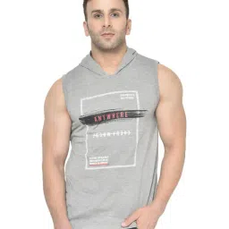 Chkokko Light Grey Cotton Regular Fit Printed Hooded T-Shirt-image-64