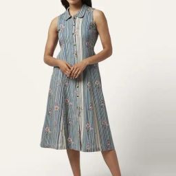Akkriti by Pantaloons Blue Cotton Floral Print Shirt Dress-picture-2