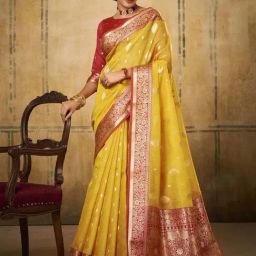 Satrani Yellow Woven Saree With Unstitched Blouse-image-32