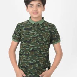 Crimsoune Club Boy Green Camouflage Printed Polo T-shirt-image-1