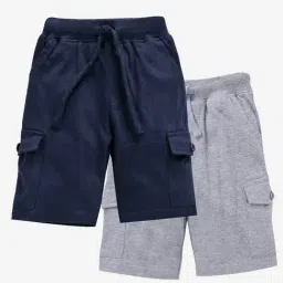 Kiddopanti Kids Grey Melange & Navy Solid Cargo Shorts (Pack Of 2)-image-49