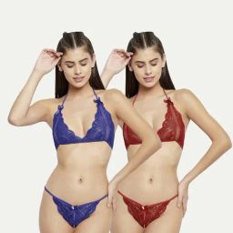 AROUSY Blue & Maroon Self Pattern Lingerie Set-image-50