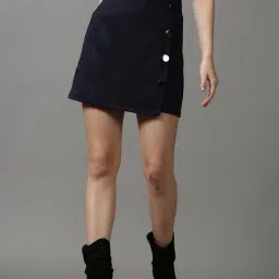SHOWOFF Women's Straight Solid A-Line Navy Blue Mini Skirt-image-32