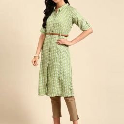 SHOWOFF Green Floral Print A Line Kurta-image-58