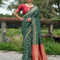 Varanga Green Block Print Kanjivaram Saree with Blouse Piece-image-20
