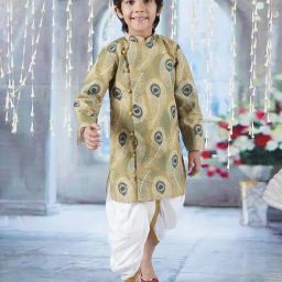 Little Bansi Kids Green & White Printed Kurta with Dhoti-image-70